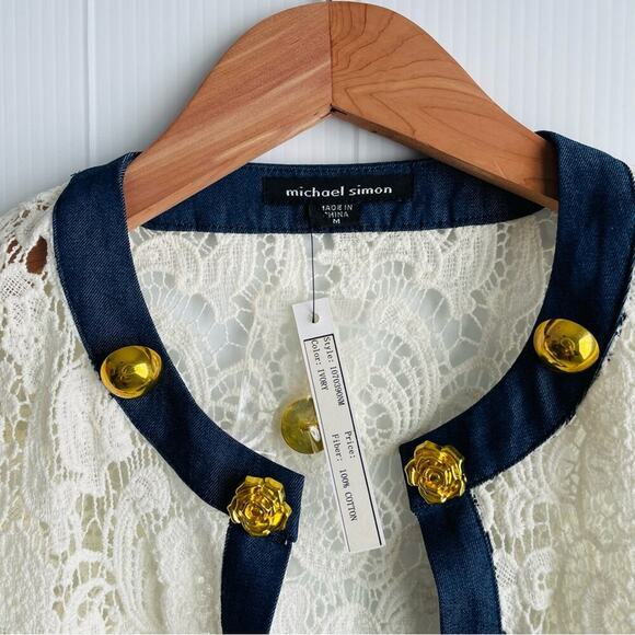 🆕 Michael Simon crocheted button jacket with denim trim NWT cardigan size med - Picture 5 of 15